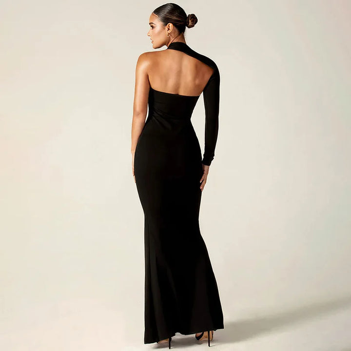 Asymmetrical maxi evening dress with deep slit and one sleeve - Eva