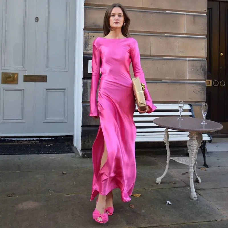 שמלת ערב מקסי סאטן גב פתוח בשילוב שסע ושרוולי פעמון  - מריאן