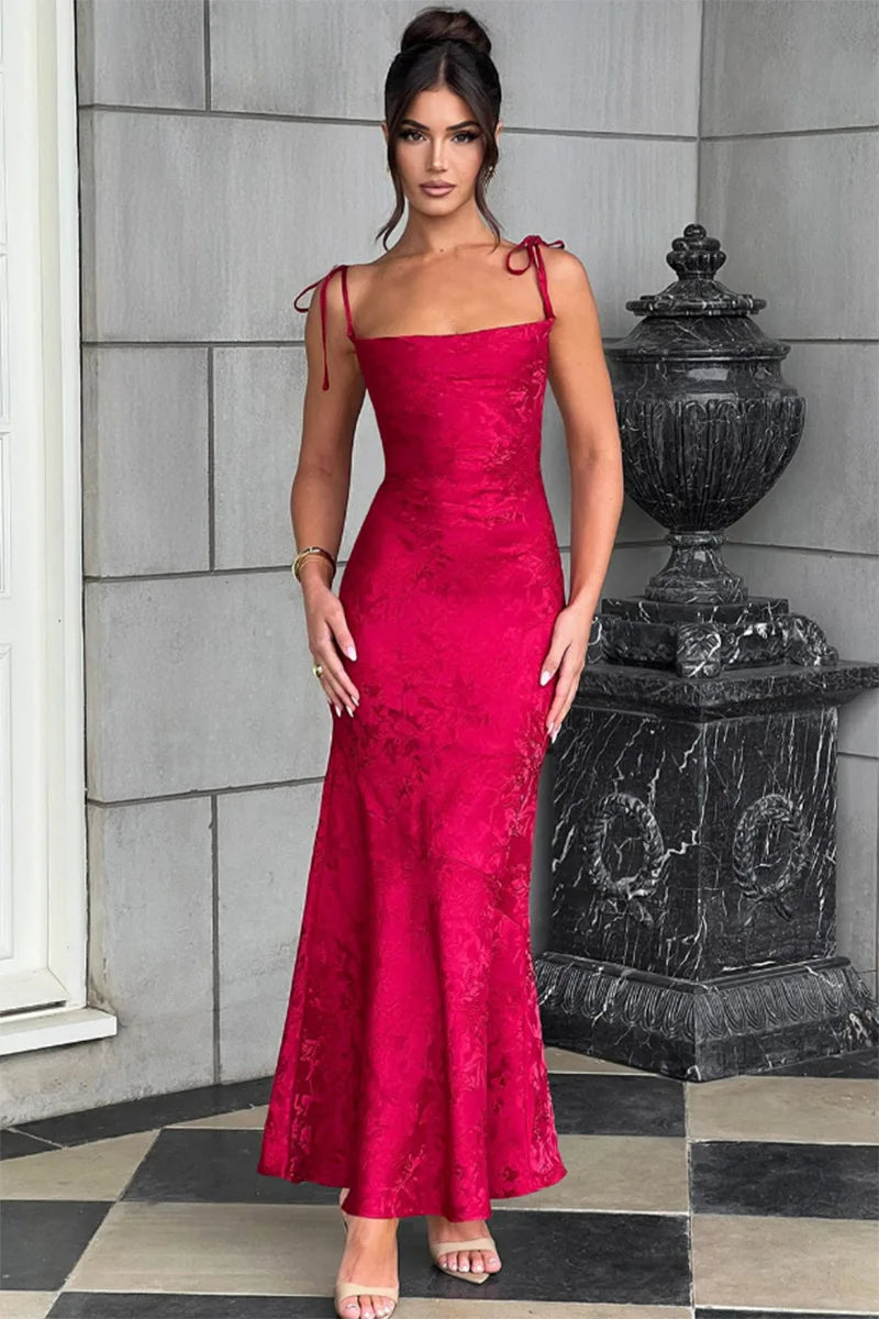 שמלת מקסי בעיצוב קשירה בכתפיות בעיטור רקמת איורי פרחים - לנואלה