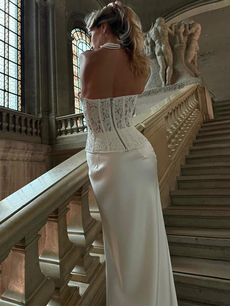 סט שני חלקים חצאית סאטן ומחוך סטרפלס תחרה - אריזונה