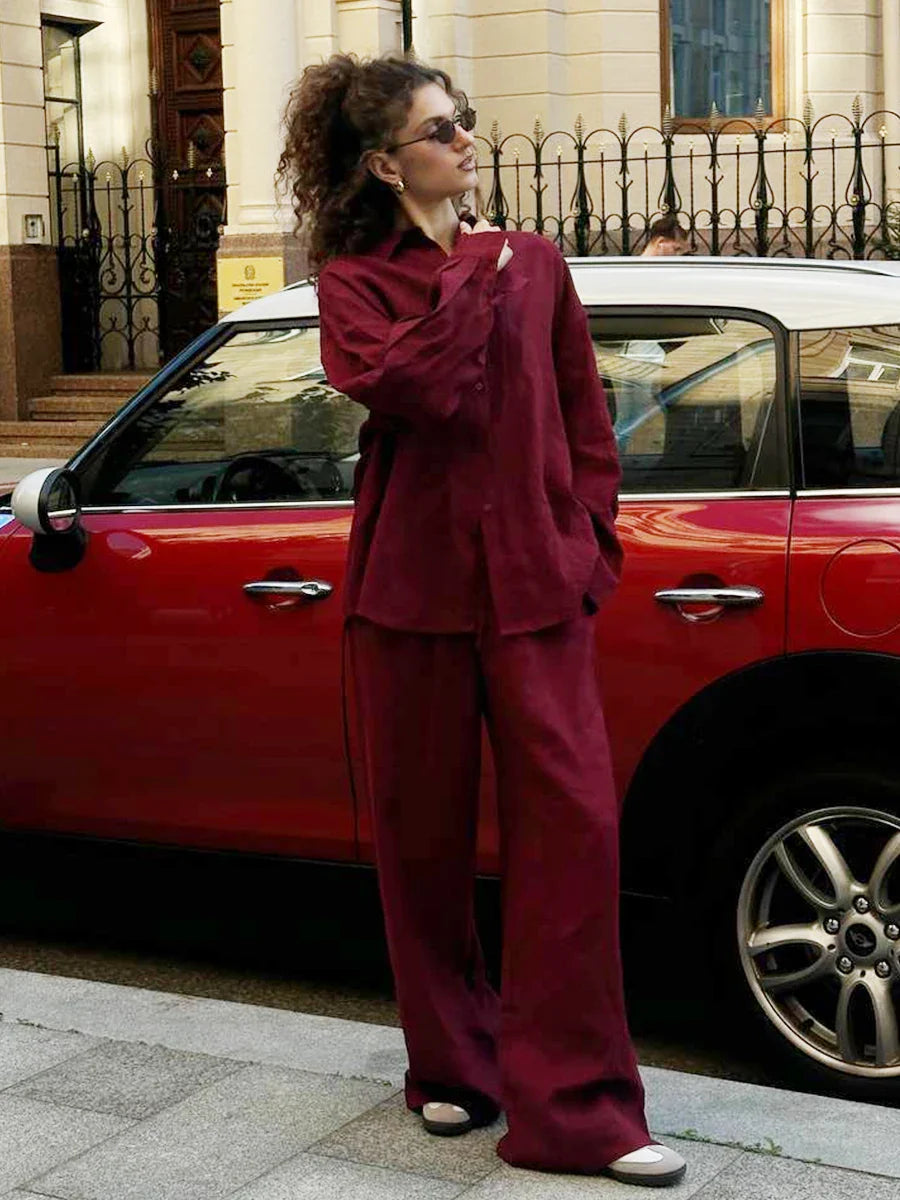 חליפת פשתן 2 חלקים חולצה ומכנסיים ארוכים - צוף