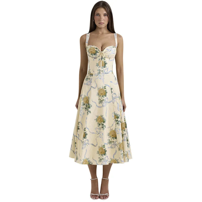 שמלת מידי אלגנטית בהדפס פרחוני בגזרת A - פלוריין