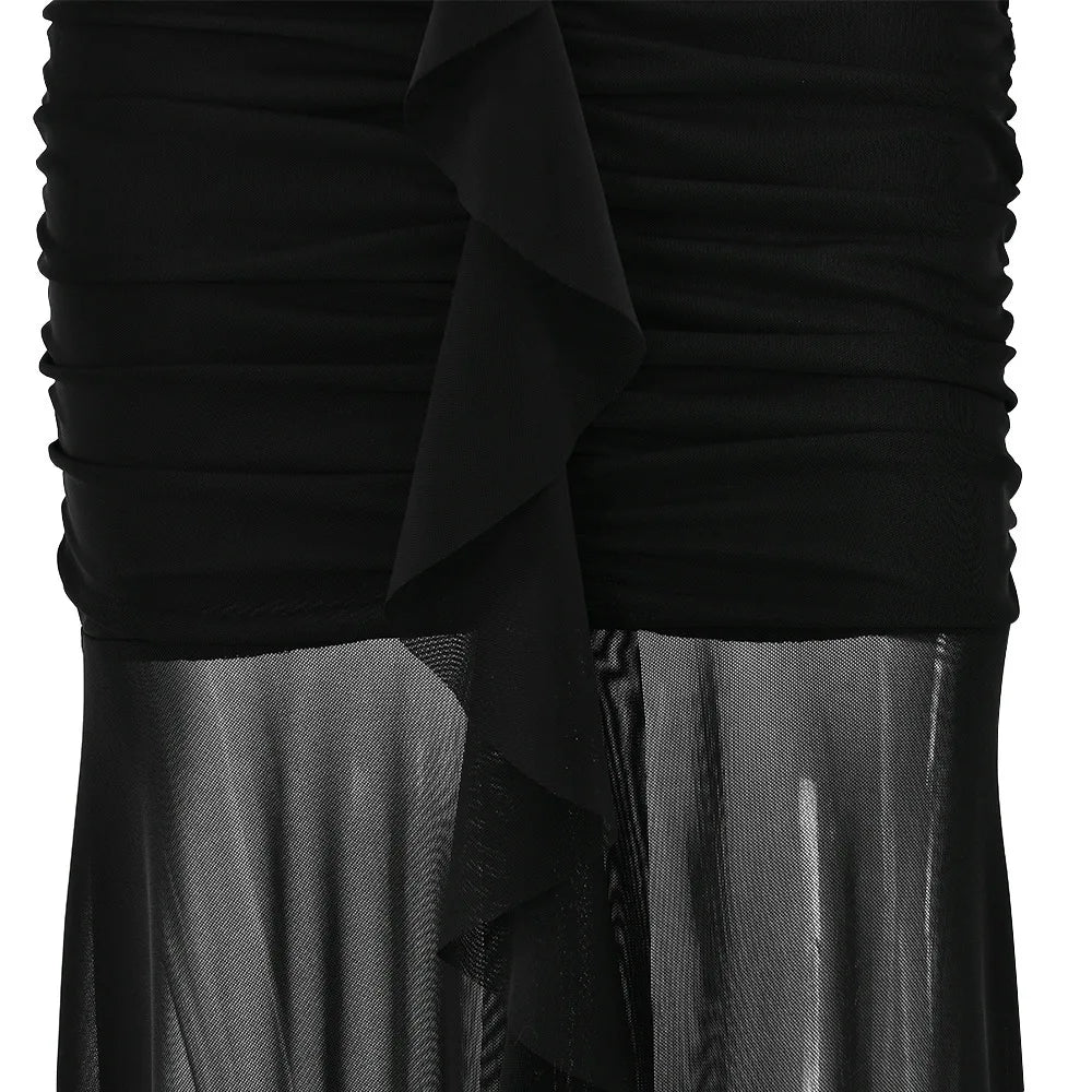 שמלת מקסי שיפון בעיטור כיווצים ומלמלה קשירה בצוואר - שלי