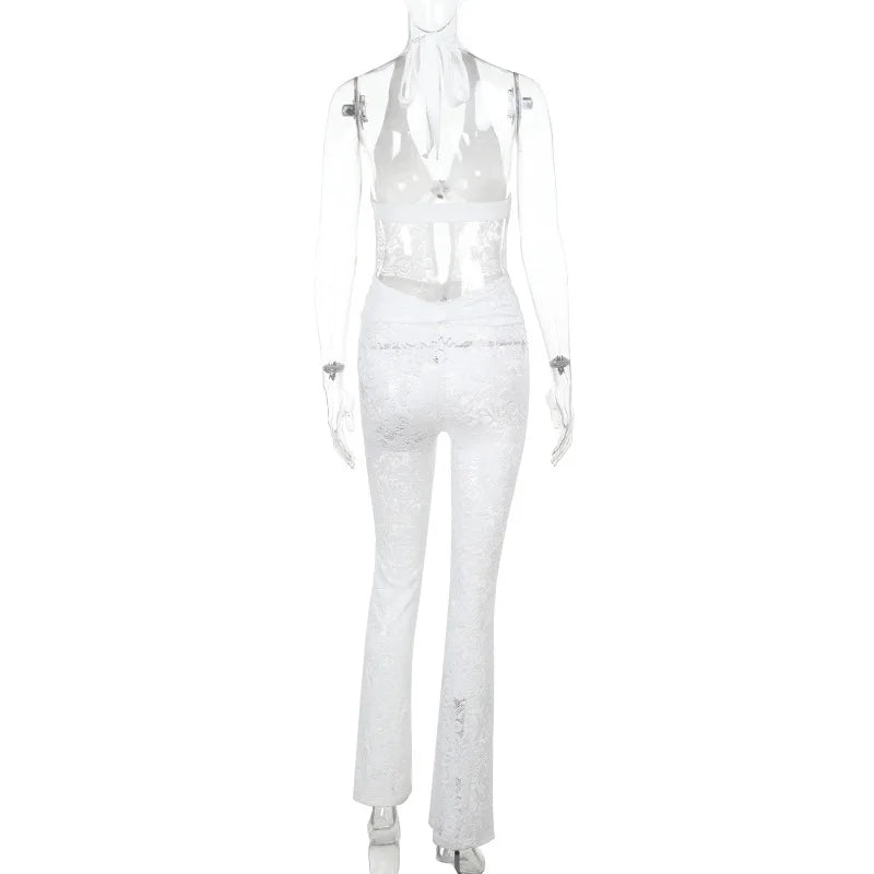 אוברול תחרה מכנסיים ארוכים בעיצוב גב פתוח בעיטור אבזמים - ברייטון