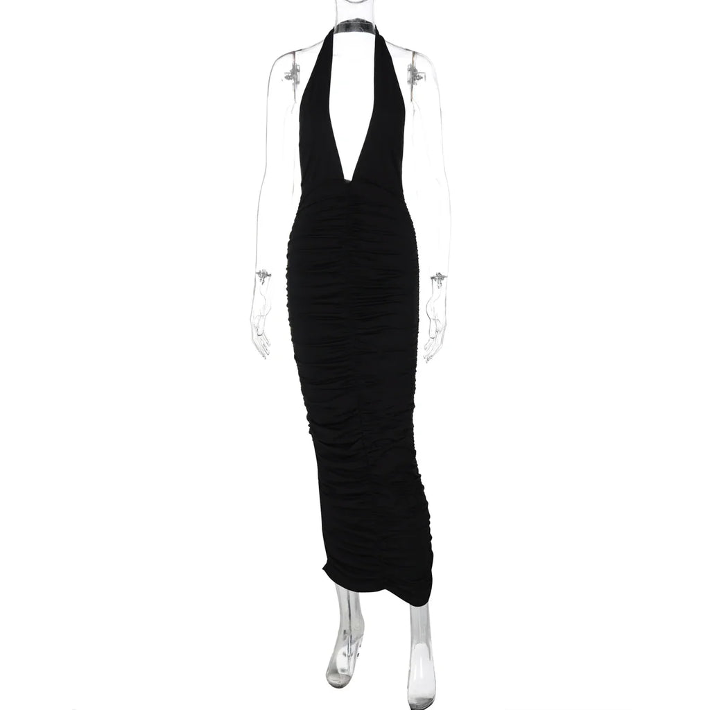 שמלת מקסי קולר כיווצים צמודה צווארון V גב פתוח - Jimena