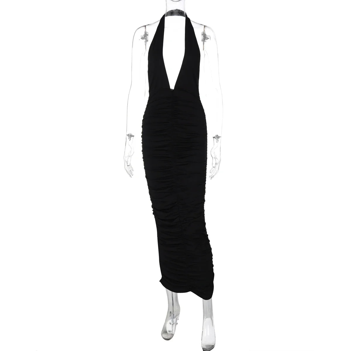 שמלת מקסי קולר כיווצים צמודה צווארון V גב פתוח - Jimena