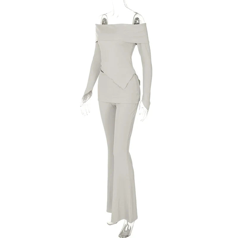 חליפת שני חלקים סרוגה חולצת כתפיים חשופות בגזרה אסימטרית ומכנסיים ארוכים - ROZIE