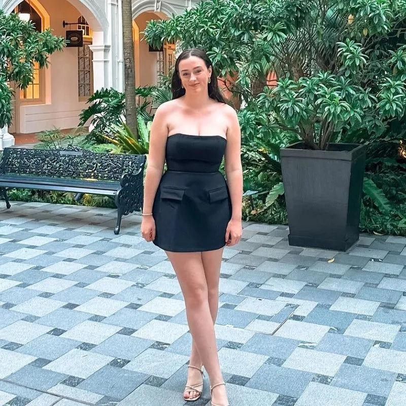 שמלת מיני סטרפלס בגזרת A בעיטור דמויי כיסים - אנחלס