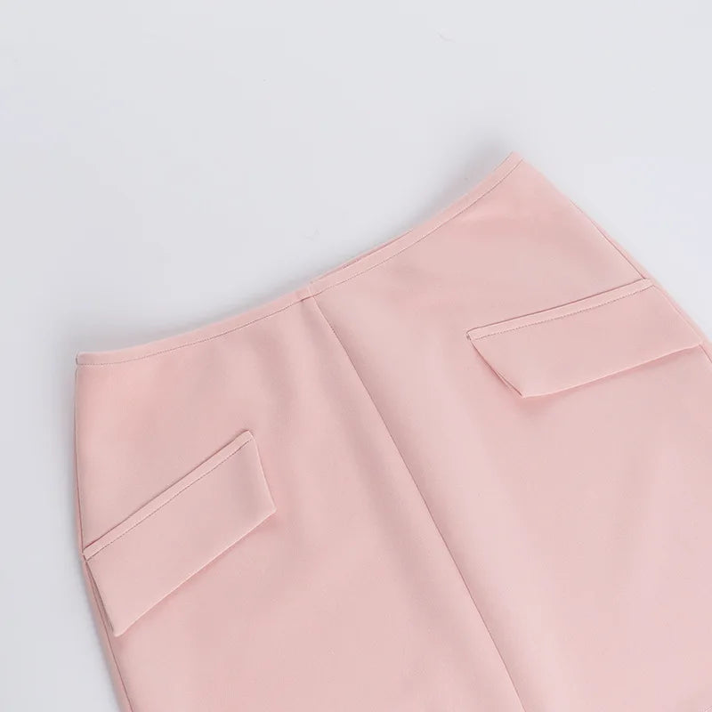 סט 3 חלקים חצאית מיני חולצה וגוזייה צמוד בעיטור כיסים - פרל