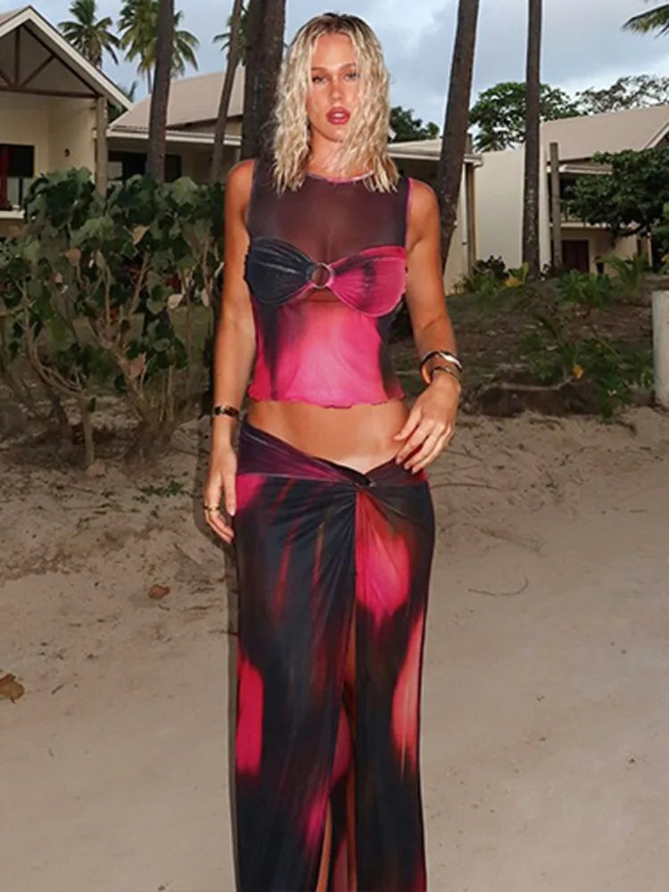 Two-piece set of mesh fabric with tie-dye design, top and maxi skirt with slit decoration - Florence