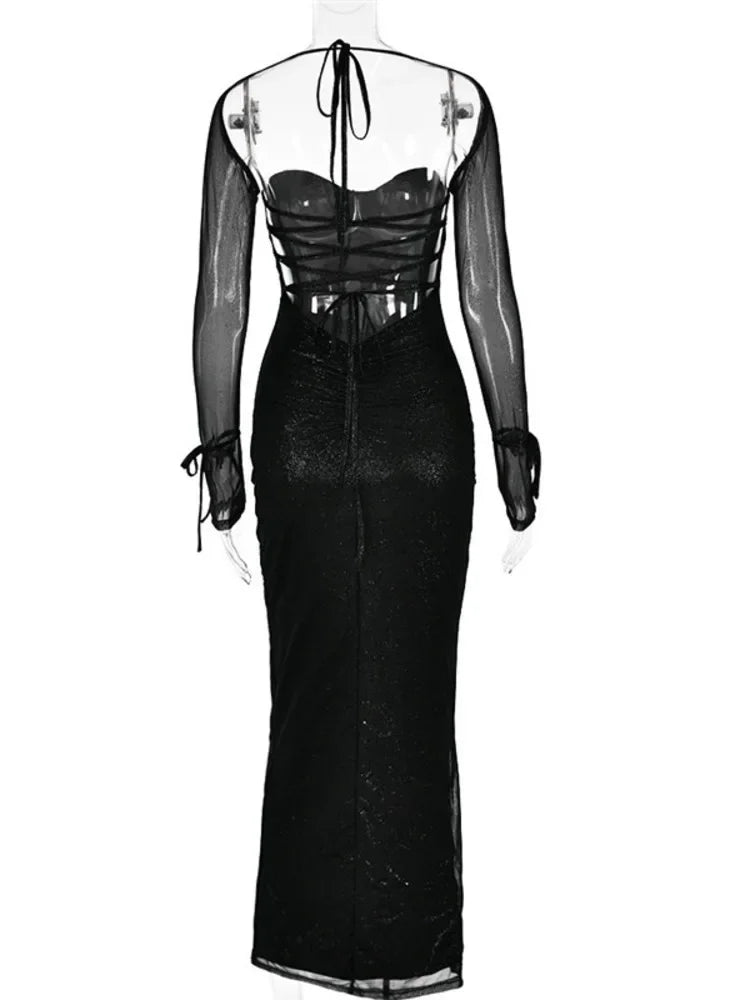 שמלת מקסי נצנצים בעיטור שסע קשירות בגב פתוח - Leila