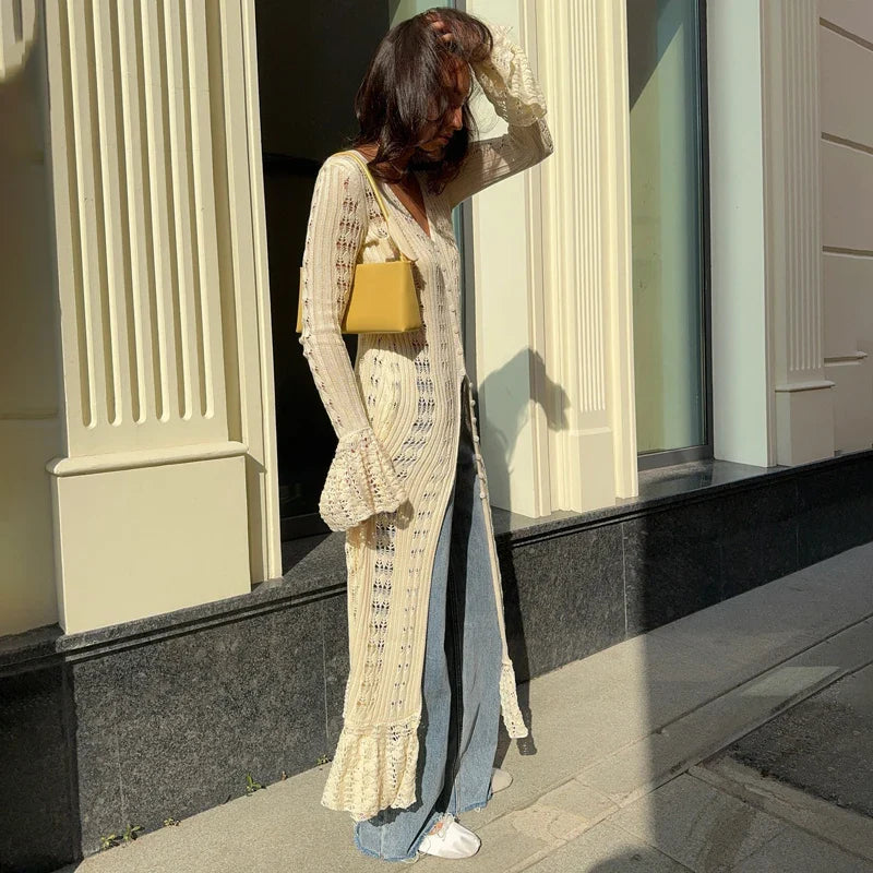 שמלת / עליונית מקסי קרושה סרוגה סגירת כפתורים - דוון