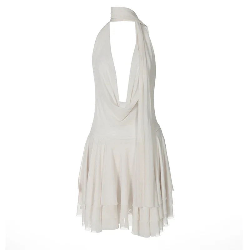 שמלת מיני שיפון מלמלה גב פתוח צווארון נופל בעיטור צעיף תואם -  Lexi