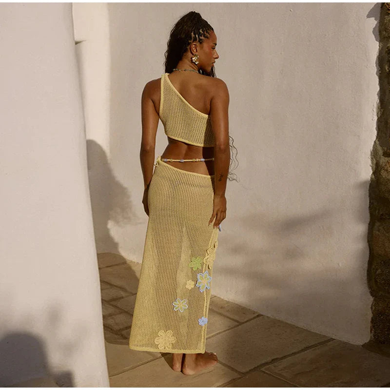 שמלת חוף רשת סרוגה / סט חוף שני חלקים טופ וחצאית מקסי רשת סרוגה בעיטור אפליקציות פרחים - סאנשיין