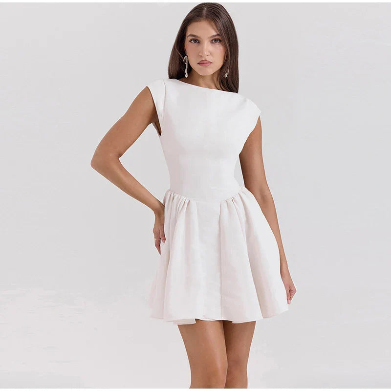 שמלת מיני בד פשתן בגזרת A גב פתוח - מרלין