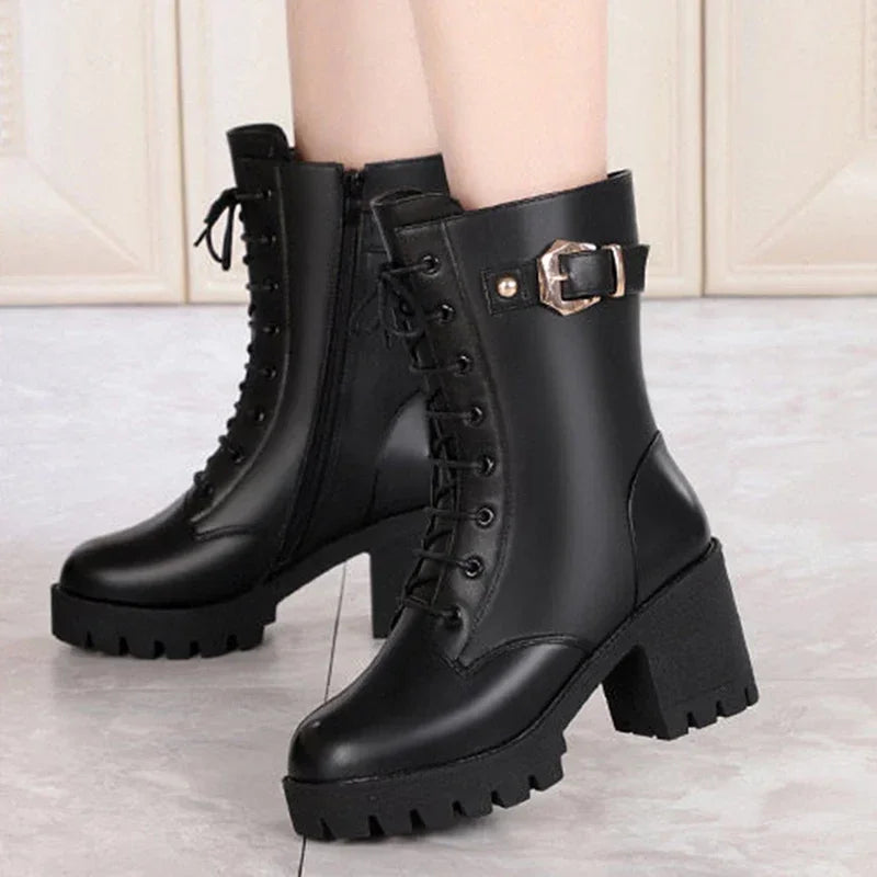 Faux leather heeled boots with fur lining - Cassandra