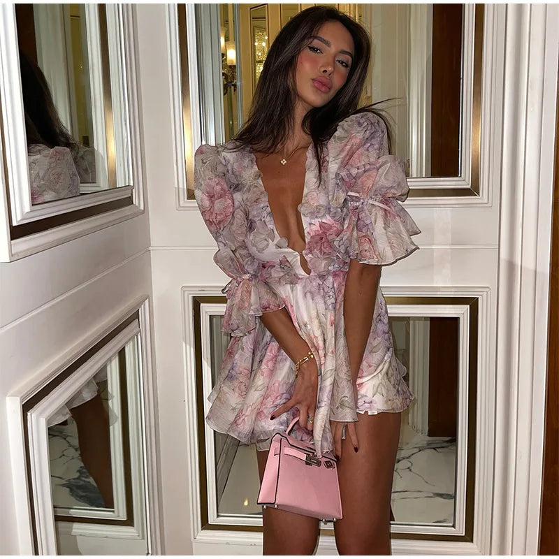 שמלת מיני שיפון מלמלה בעיצוב פרחוני 3D - מיה