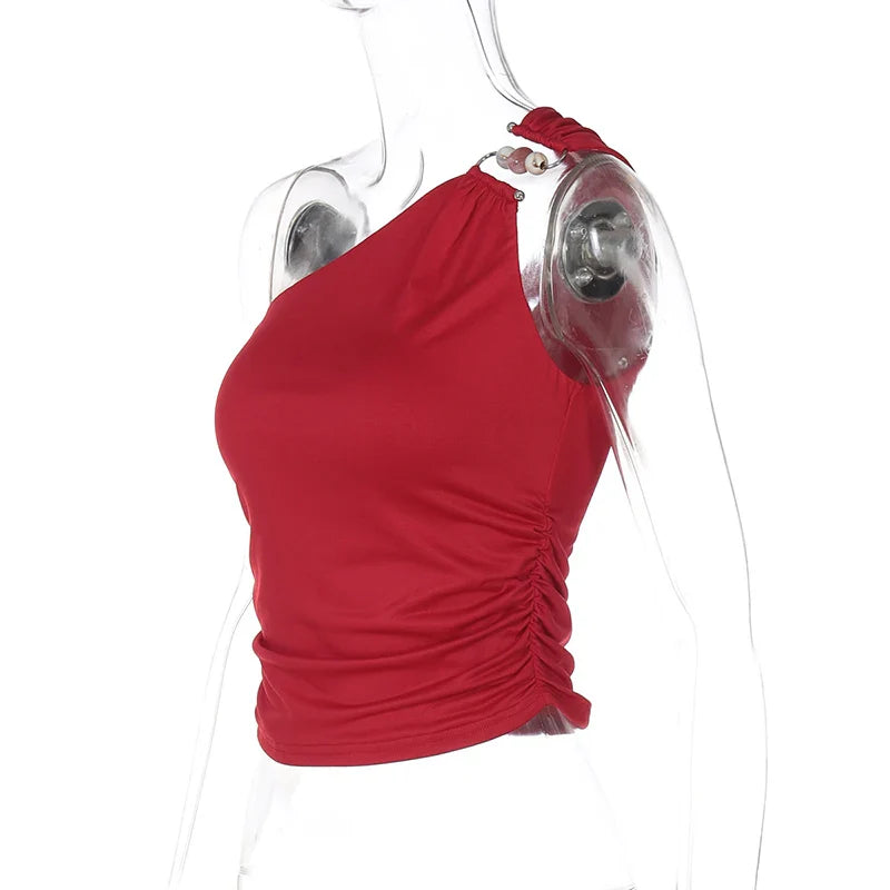 טופ גופיה כתפיה אחת בעיטור אבזם חרוזים - קני