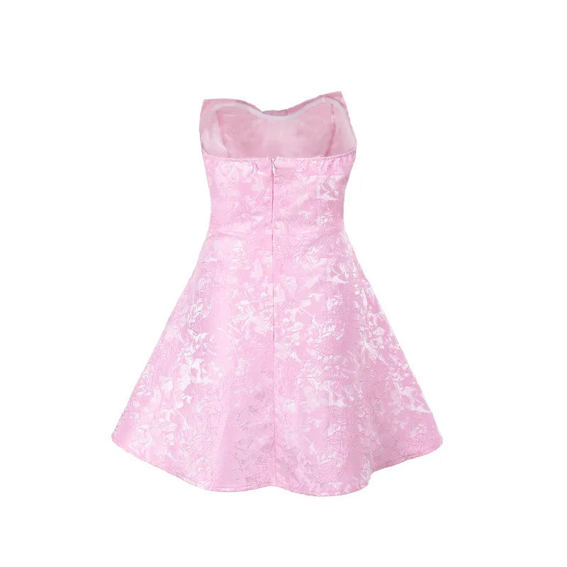 שמלת מיני סטרפלס בגזרת A בעיטור פפיון ורקמת איורי פרחים - אלינה