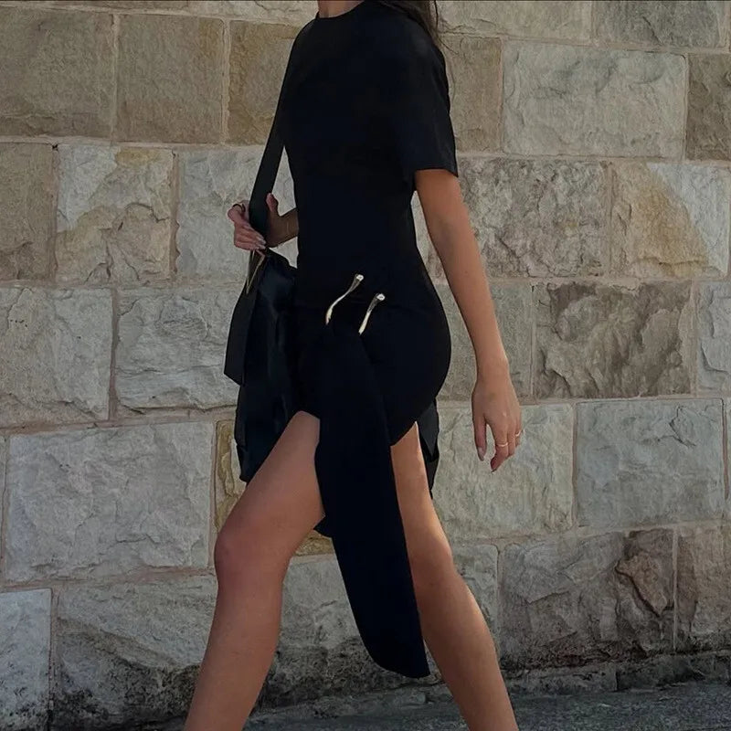 Specially designed mini dress with buckle and train decoration - Morgan