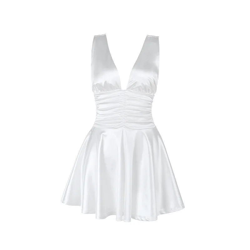 שמלת מיני סאטן בעצוב כיווצים קשירה בכתפיות - Celia