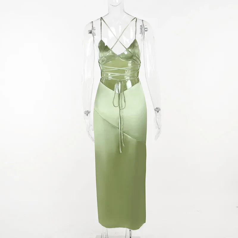 שמלת מקסי סאטן בעיצוב שסע וקשירות בגב - לואן