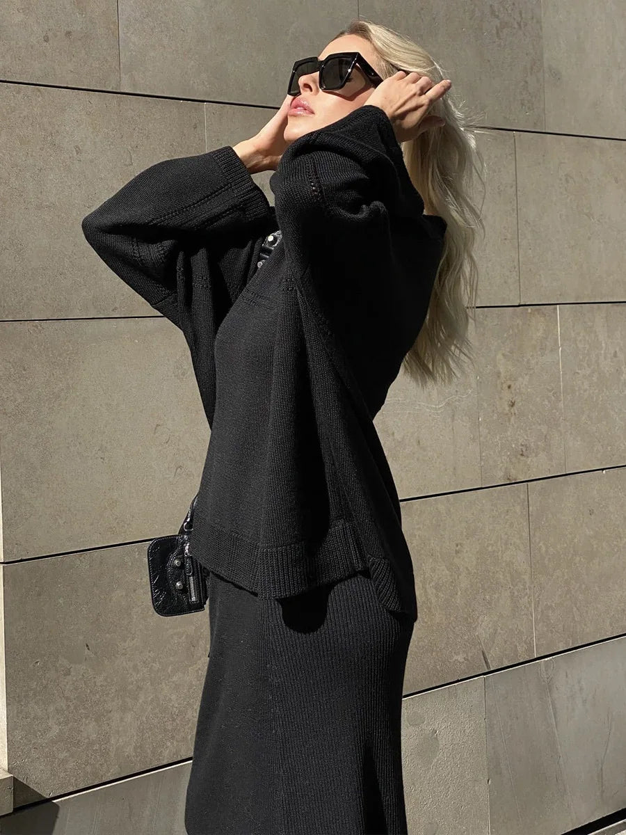 חליפת שני חלקים loose סרוגה חצאית מקסי וחולצה - שילב