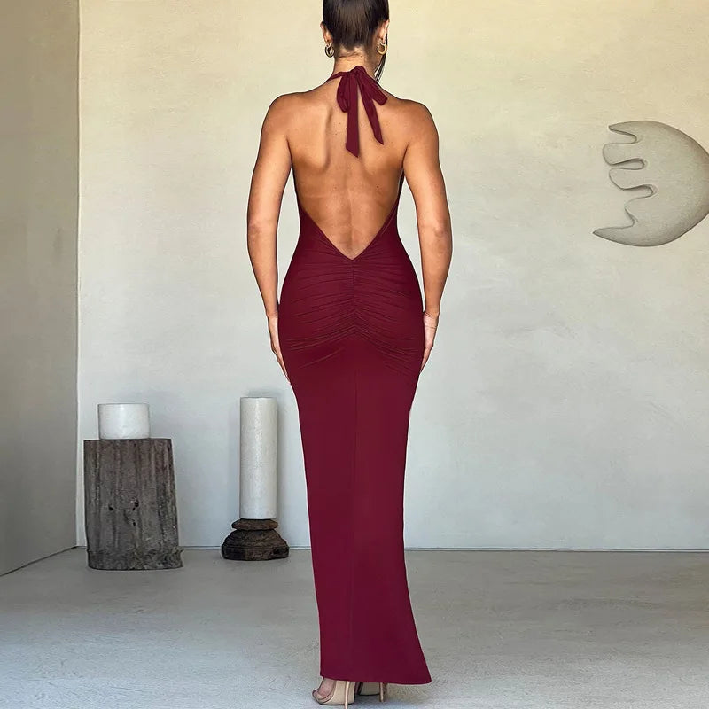 שמלת מקסי אלגנטית קשירה בצוואר גב פתוח - הלאני
