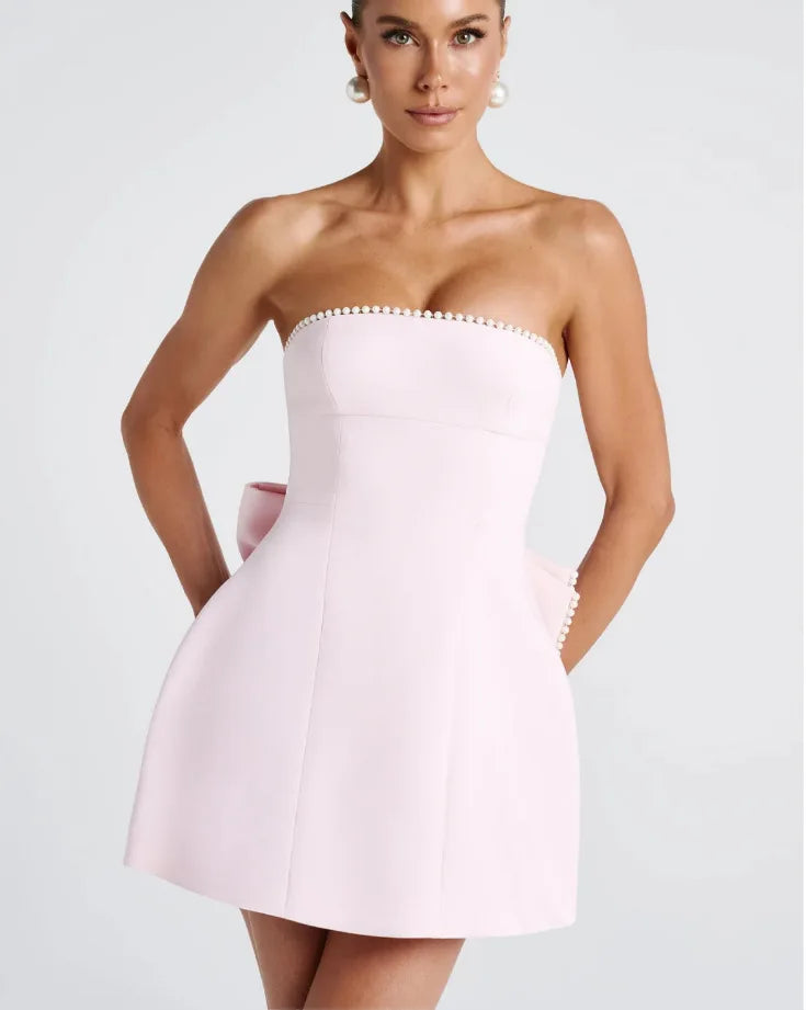 שמלת מיני סטרפלס בעיטור פפיון ופנינים - מארין