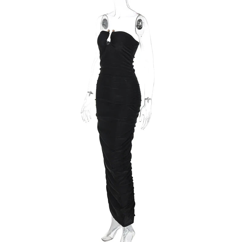 שמלת מקסי סטרפלס כיווצים בעיטור אבזם - מייס