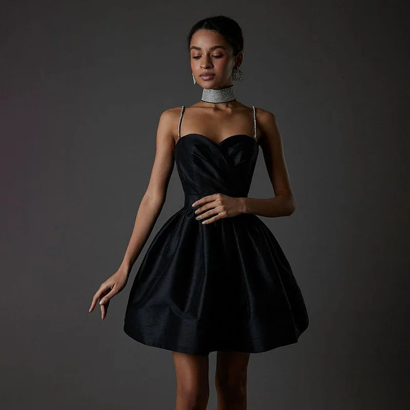 שמלת מיני סאטן בגזרת A כתפיות זרקונים - MIEL