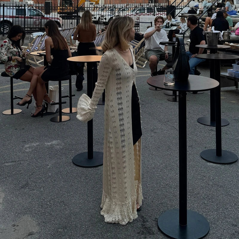 שמלת / עליונית מקסי קרושה סרוגה סגירת כפתורים - דוון