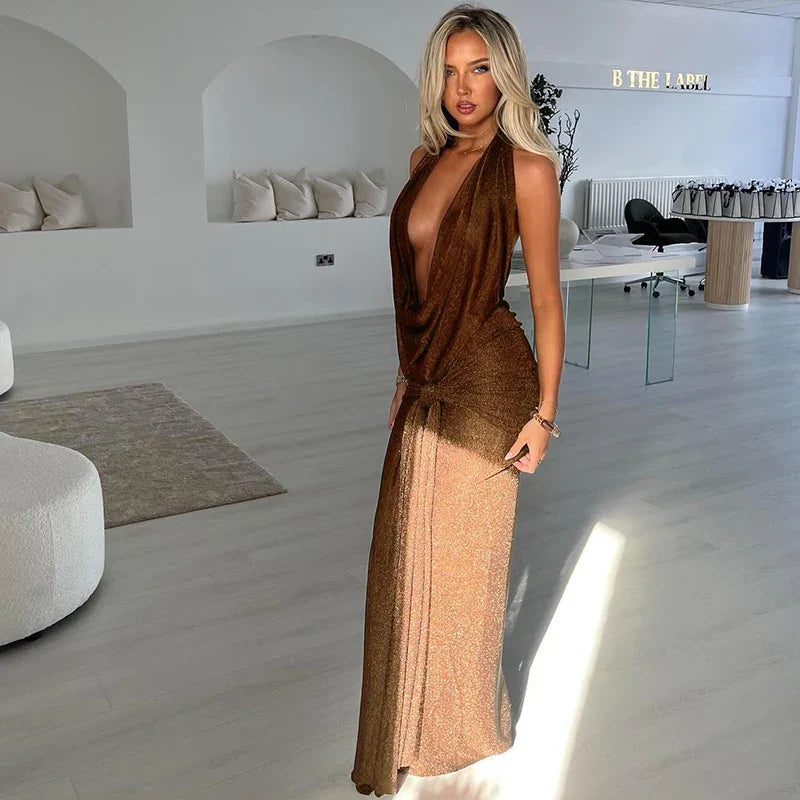 שמלת מקסי נצנצים צווארון נופל בעיצוב קיפולים - Angela