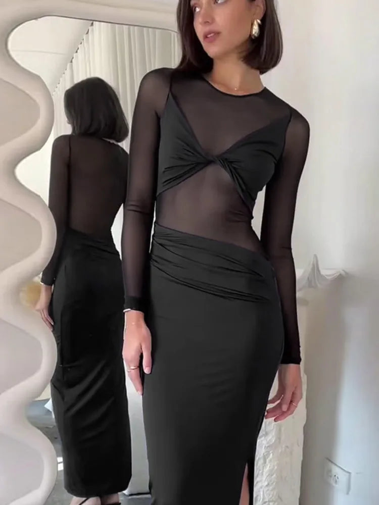 שמלת מקסי בעיצוב קיפולים ורשת - מינה