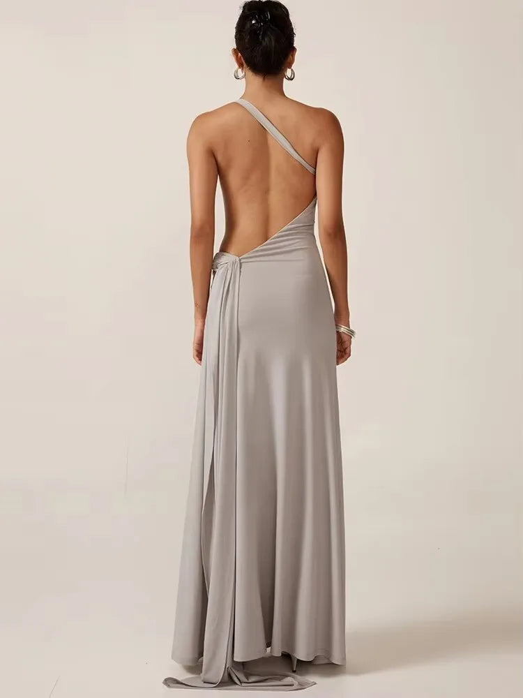 שמלת מקסי כתפיה אחת גב פתוח בעיטור כיווצים ואבזם - גוון