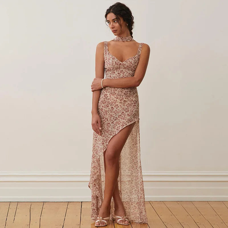 שמלת מקסי פרחונית גב פתוח שסע בתוספת צעיף - אליי