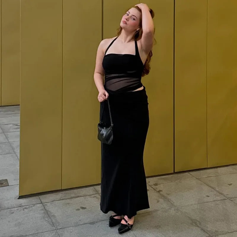 שמלת מקסי סאטן כיווצים בעיצוב רשת בחלק העליון גב פתוח - Arya