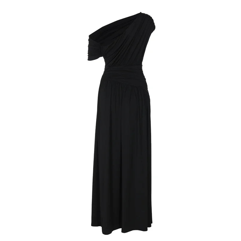 שמלת מקסי קיפולים אלגנטית כתף חשופה - מיילין