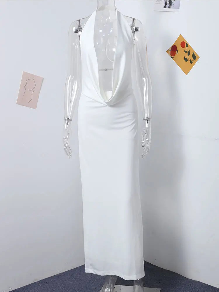 שמלת מקסי מחשוף עמוק צווארון נופל - פולה