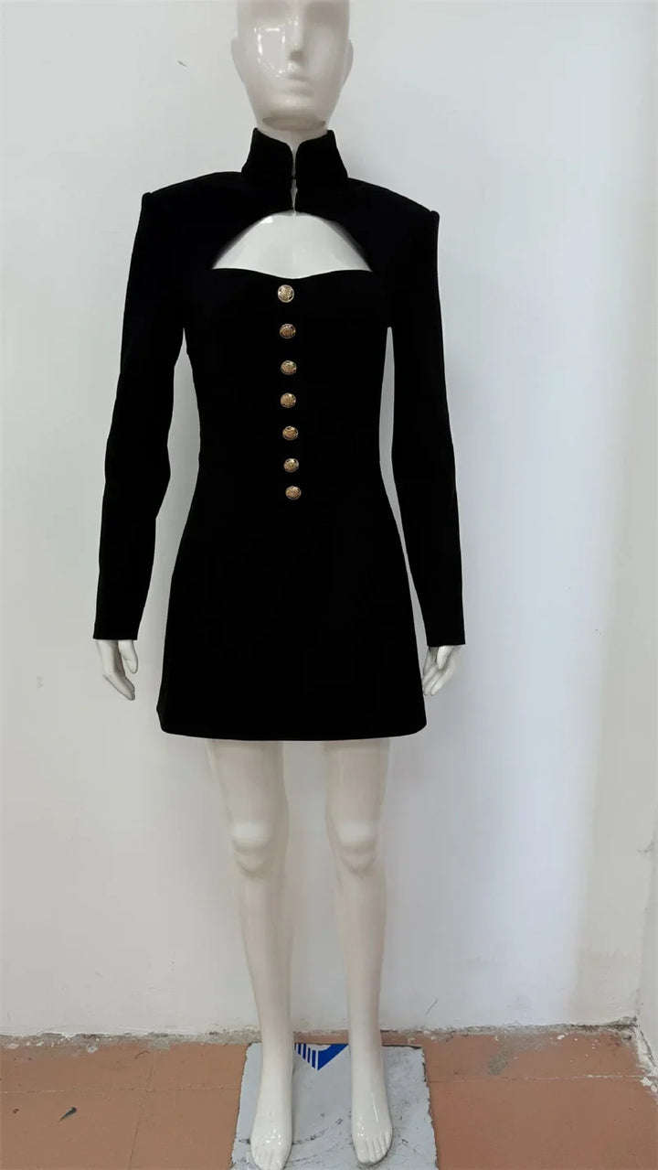 A-line tailored turtleneck mini dress with button detail - Mary Lane