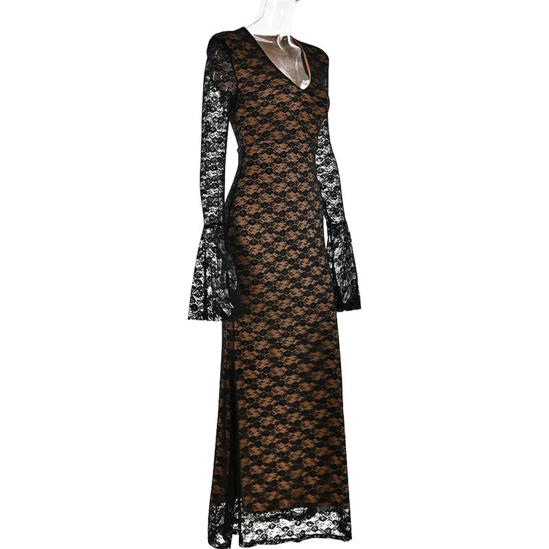 Bell Sleeve Lace Maxi Dress V Neckline - Zohara