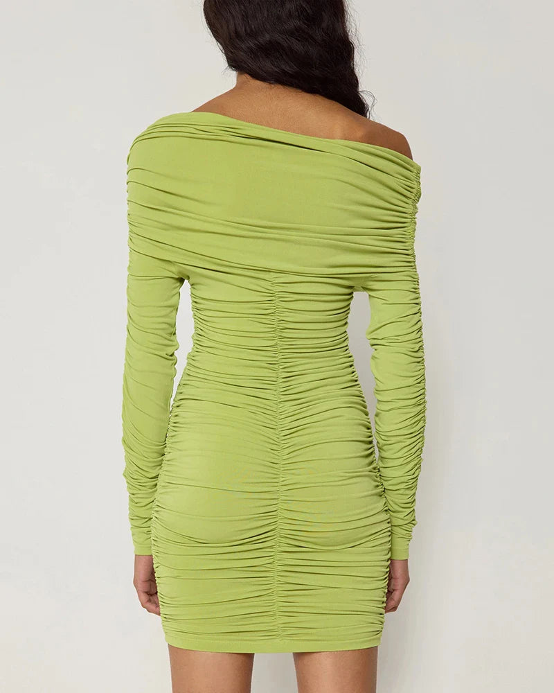 שמלת מיני כיווצים כתף חשופה - ספיר