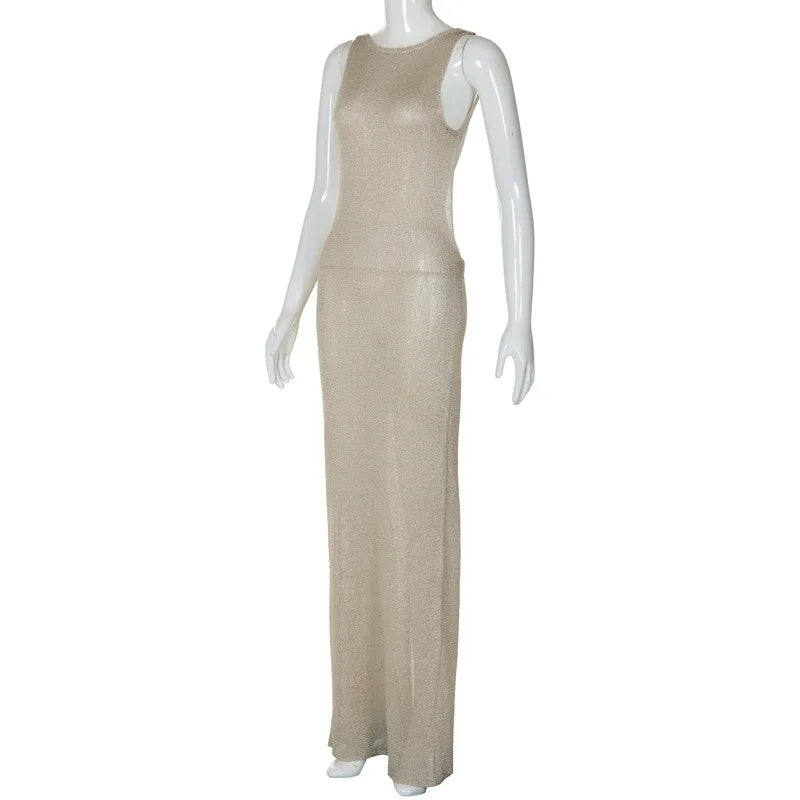 שמלת מקסי נצנצים סרוגה צמודה גב פתוח - Emerald