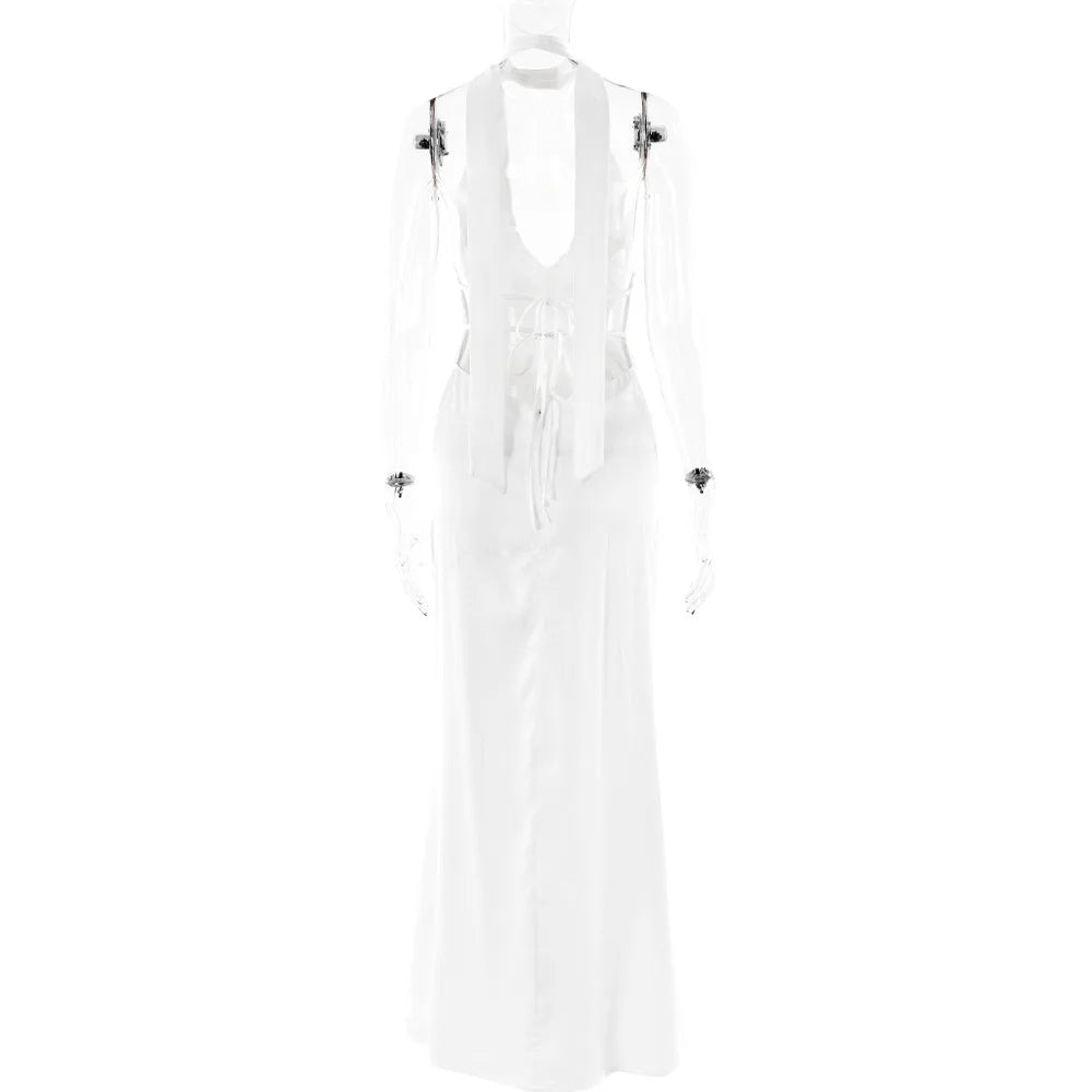 שמלת סאטן מחשוף עמוק קשירה בצוואר - פאולינה