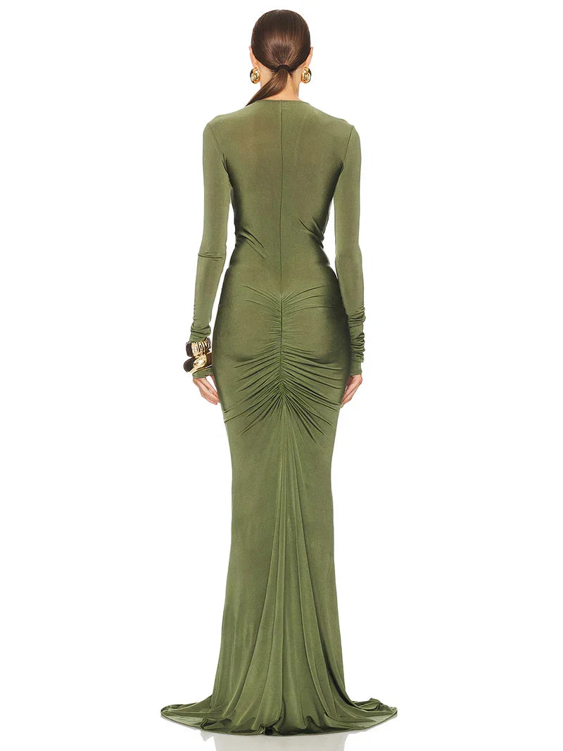 שמלת מקסי בעיצוב כיווצים בד מבריק - אפיק