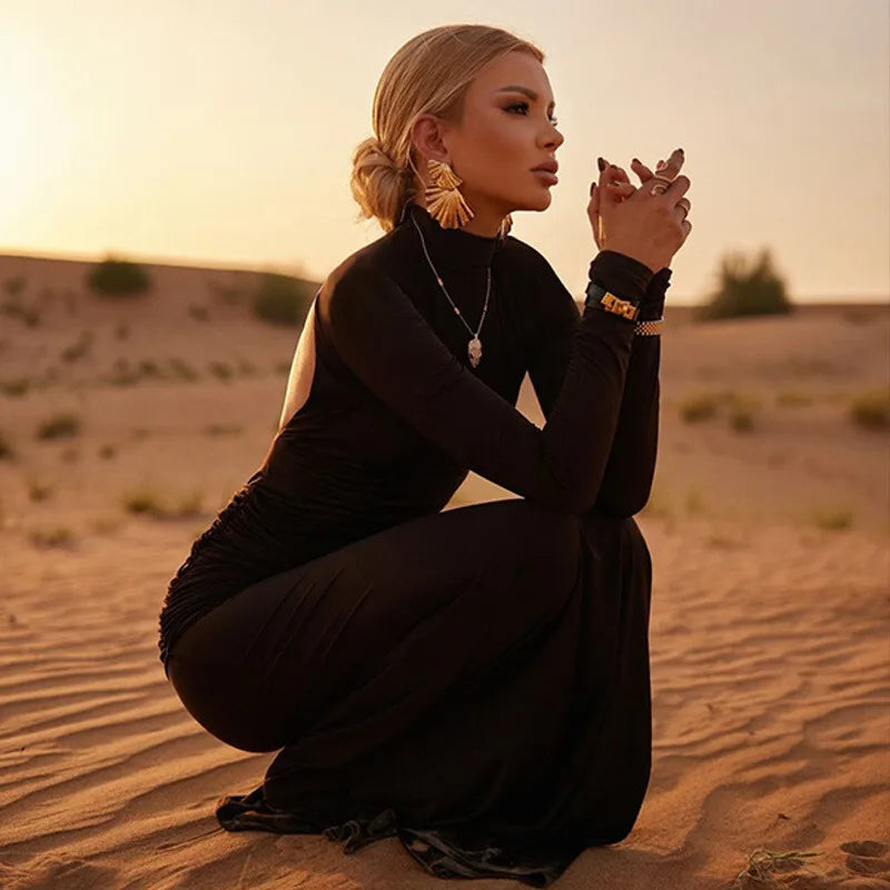 שמלת מקסי צווארון גולף גב פתוח בעיטור כיווצים - אילאיל