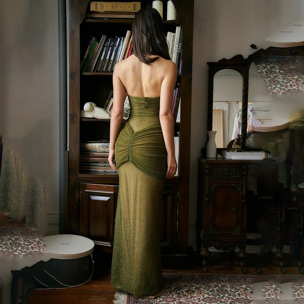 שמלת סטרפלס מקסי רשת נצנצים בעיטור כיווצים - Haisley