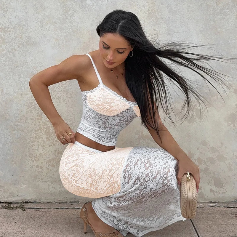 סט תחרה שני חלקים טופ גופיה וחצאית מידי - משי