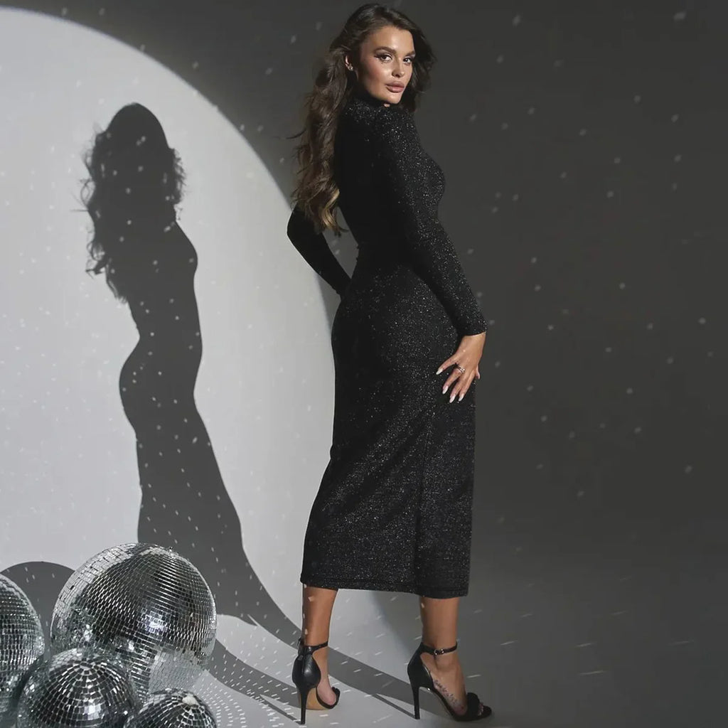 שמלת מקסי נצנצים צווארון חצי גולף בעיצוב כיווצים ושסע קצר - Hazel