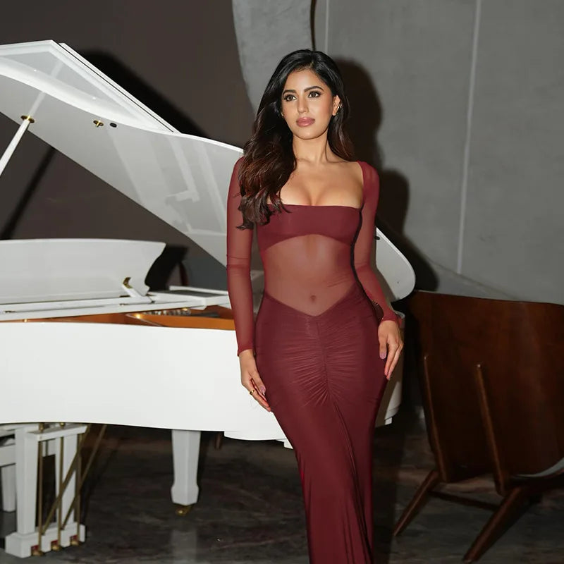 שמלת מקסי בעיצוב כיווצים ורשת - לאורן